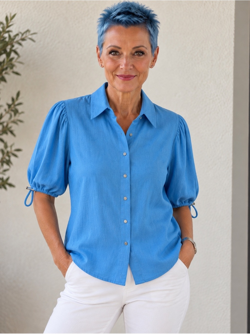 Karl Lagerfeld Paris NWT Linen Blend Blue Puff Sleeve Shirt Small